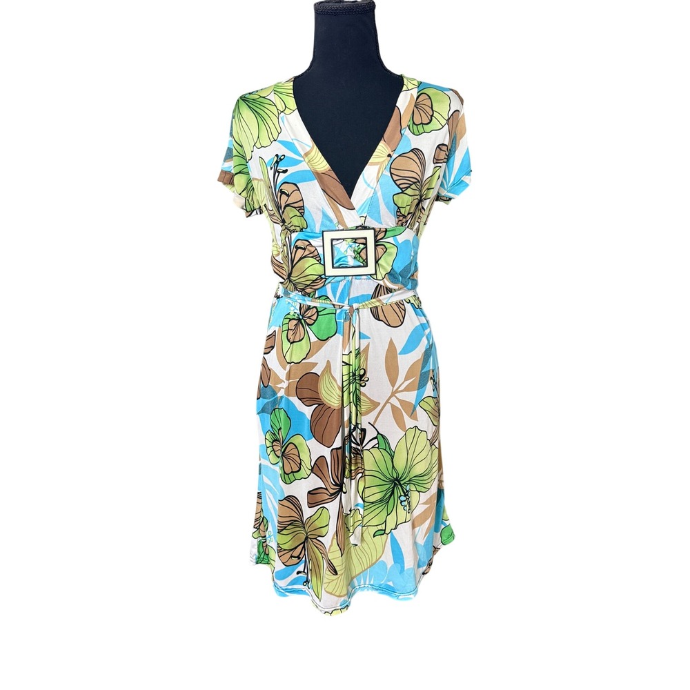 Tropical Floral V-Neck Empire Waist Dress Blue Green Brown Buckle Detail‎ Retro